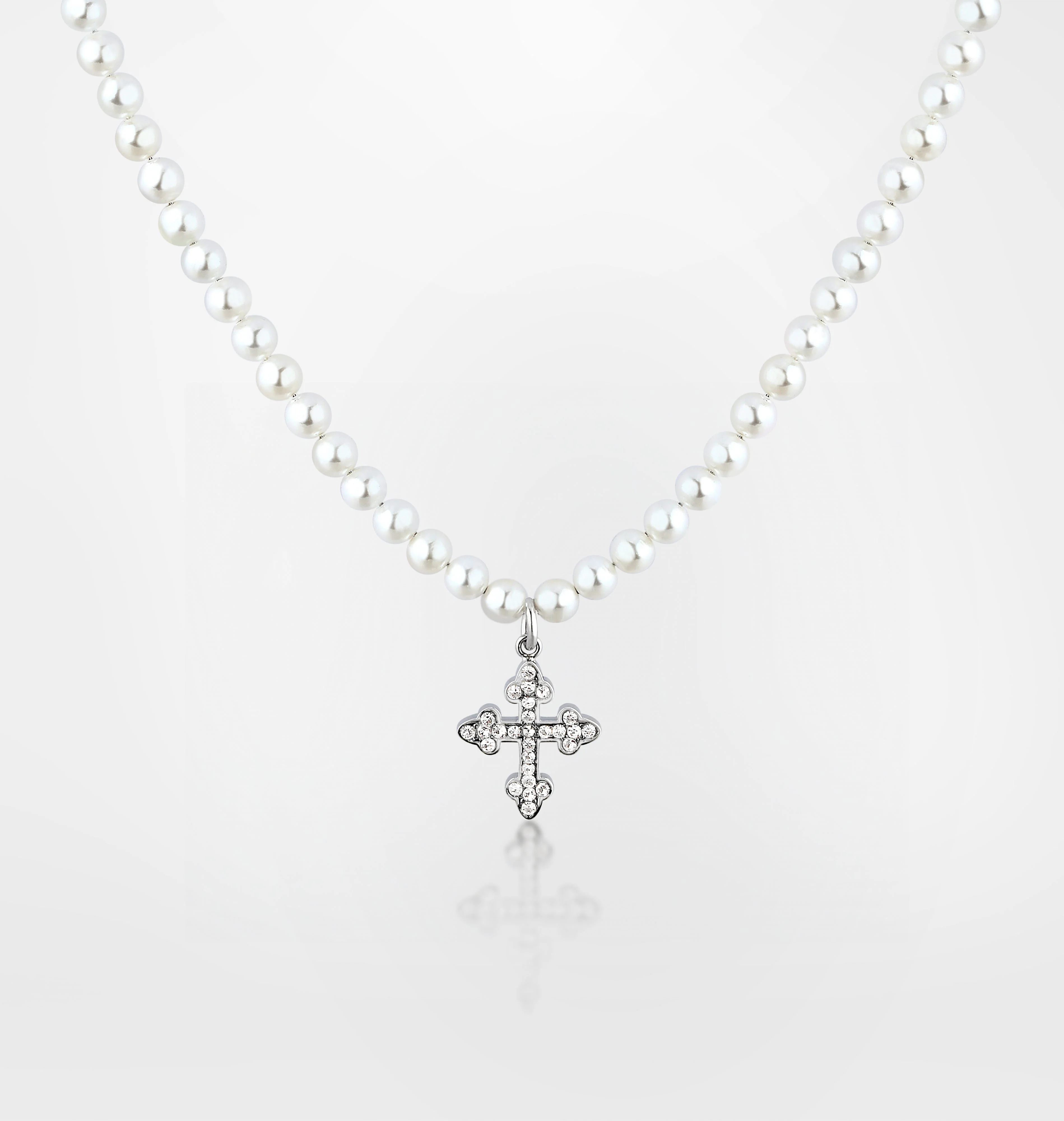 PEARL NECKLACE WITH SMALL GOTHIC CROSS PENDANT